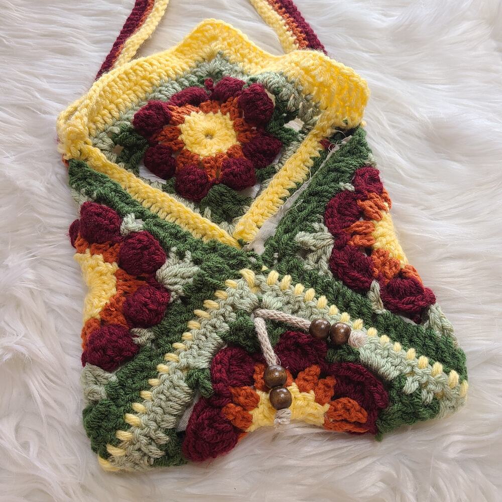 Vintage Crochet Purse Handmade Floral Granny Square Shoulder Bag Boho Cottage - Picture 4 of 5